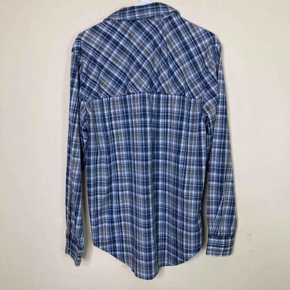 Filson Fishing Shirt Mens Small Navy Blue White Tan Plaid Lightweight Vented - Picture 2 of 10
